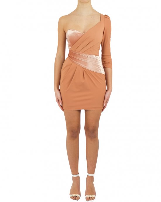 Abito Elisabetta Franchi donna, monospalla, corto, con inserto in vita in velluto, drappeggio laterale, chiusura con zip laterale oro. Rose gold Abito Elisabetta Franchi donna, monospalla, corto, con inserto in vita in velluto, drappeggio laterale, chiusura con zip laterale oro. Rose gold