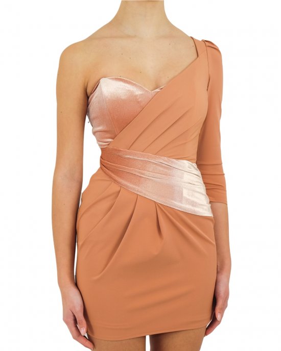 Abito Elisabetta Franchi donna, monospalla, corto, con inserto in vita in velluto, drappeggio laterale, chiusura con zip laterale oro. Rose gold Abito Elisabetta Franchi donna, monospalla, corto, con inserto in vita in velluto, drappeggio laterale, chiusura con zip laterale oro. Rose gold