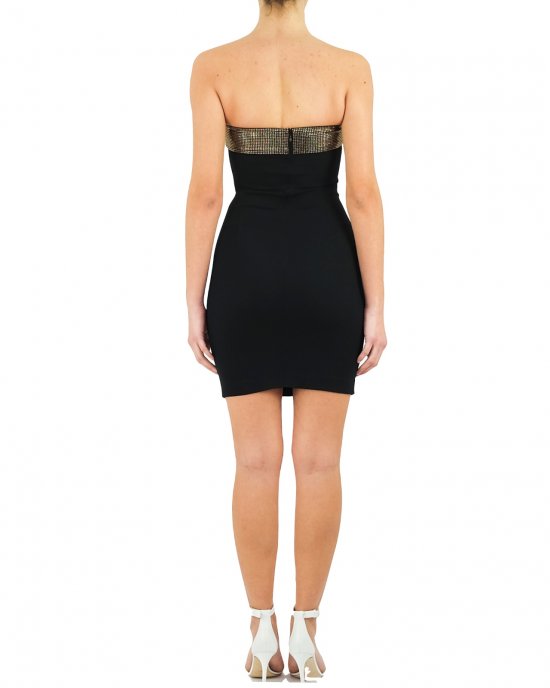 Abito Pinko donna, tubino, scollo a fascia, con strass, corto, chiusura con zip sul retro. Nero Abito Pinko donna, tubino, scollo a fascia, con strass, corto, chiusura con zip sul retro. Nero