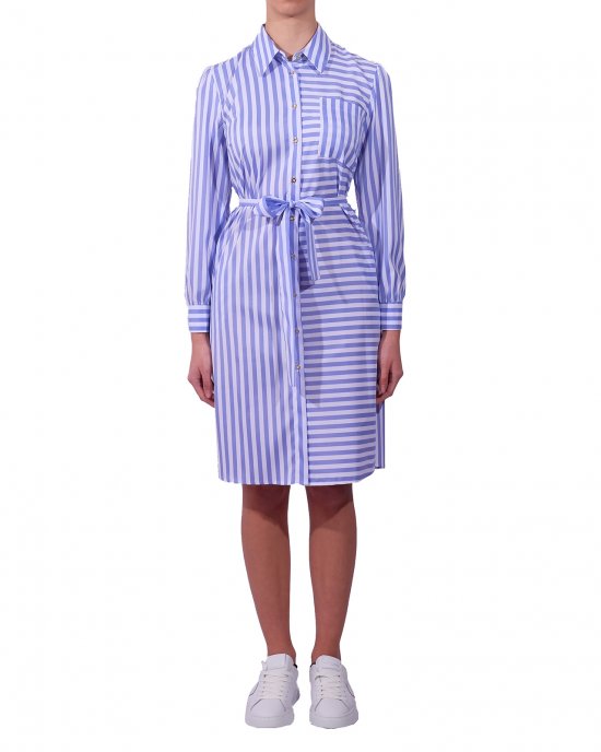 Abito Kocca donna , con stampa linee verticali e orizzontali , cintura in tessuto, maniche con bottoncino. Bianco Abito Kocca donna , con stampa linee verticali e orizzontali , cintura in tessuto, maniche con bottoncino. Bianco