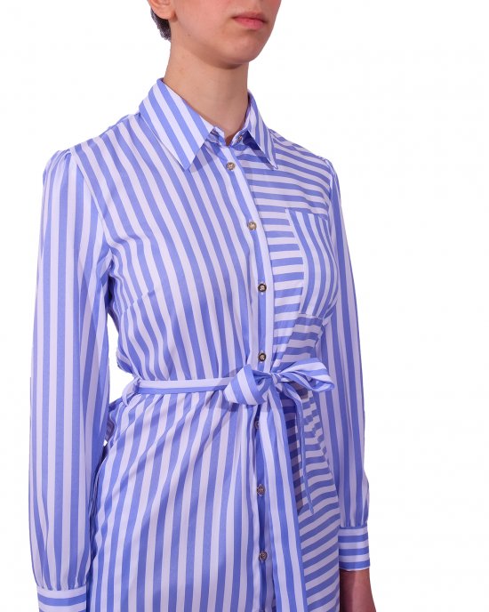 Abito Kocca donna , con stampa linee verticali e orizzontali , cintura in tessuto, maniche con bottoncino. Bianco Abito Kocca donna , con stampa linee verticali e orizzontali , cintura in tessuto, maniche con bottoncino. Bianco