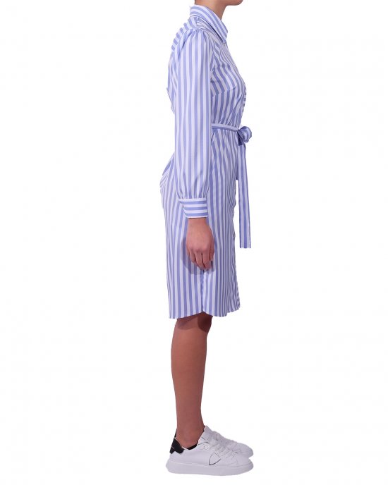 Abito Kocca donna , con stampa linee verticali e orizzontali , cintura in tessuto, maniche con bottoncino. Bianco Abito Kocca donna , con stampa linee verticali e orizzontali , cintura in tessuto, maniche con bottoncino. Bianco