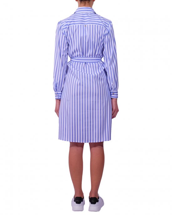 Abito Kocca donna , con stampa linee verticali e orizzontali , cintura in tessuto, maniche con bottoncino. Bianco Abito Kocca donna , con stampa linee verticali e orizzontali , cintura in tessuto, maniche con bottoncino. Bianco