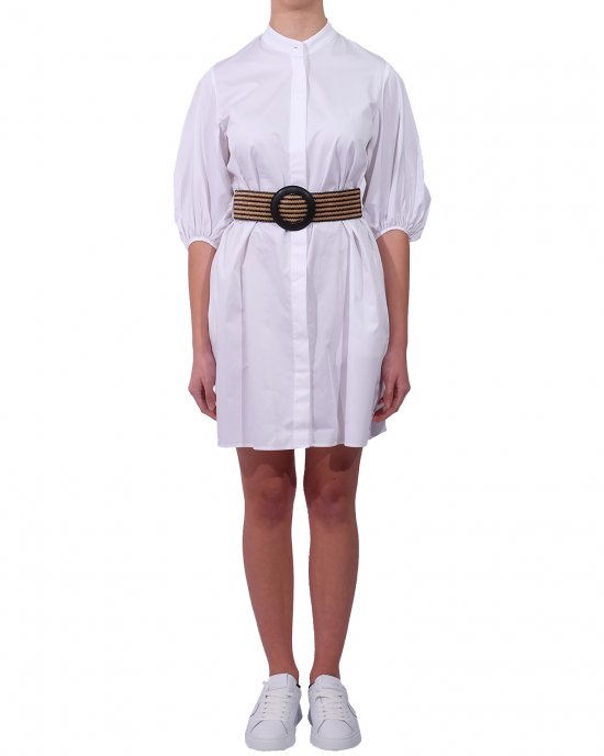 Abito Kocca donna ,modello camicia , con abbottonatura centrale nascosta, maniche a sbuffo con elastico al fondo e una cintura in paglia con fibbia tonda. Bianco Abito Kocca donna ,modello camicia , con abbottonatura centrale nascosta, maniche a sbuffo con elastico al fondo e una cintura in paglia con fibbia tonda. Bianco