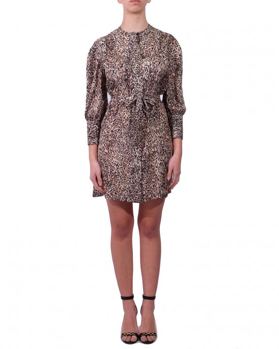 Abito Kocca donna, modello camicia bottoncino a vista sul colletto, cintura in tessuto e le fantastiche maniche a sbuffo, fantasia maculata. Nero Abito Kocca donna, modello camicia bottoncino a vista sul colletto, cintura in tessuto e le fantastiche maniche a sbuffo, fantasia maculata. Nero